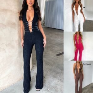 Elegant See-Through Lace Jumpsuit – Slim Fit, Lace-Up, and Chic!