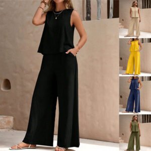 Solid Color Casual Loose Pants Set – Elegant Two-Piece for Women